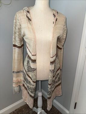 Vintage Mudd Striped Hooded Open Cardigan in Cream, Brown and Pink